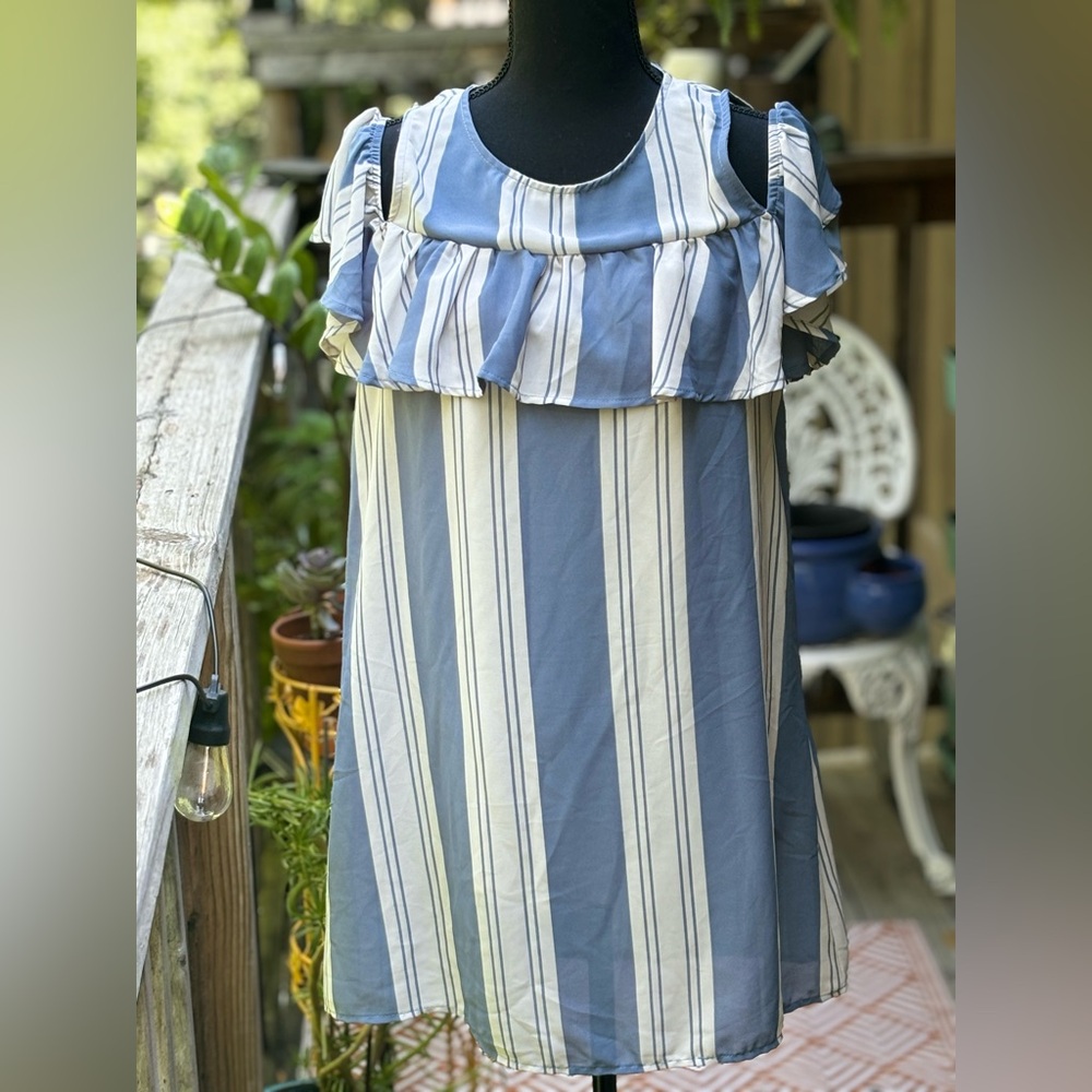 Peach Love Blue and White Ruffle Striped Dress